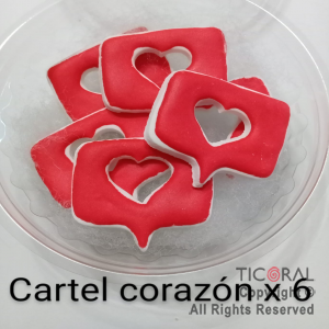ADORNO CARTEL CORAZON ROJO AZUCAR X 6